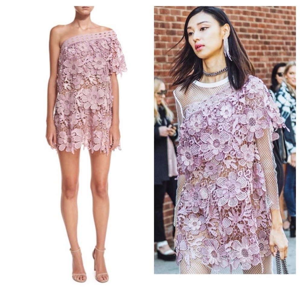 Self-Portrait / One-Shoulder 3-D Floral Lace Dress 0 Purple Pink Mini Pa